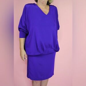Vintage 80s Purple Silky Cocktail Drop Waist Party Dress